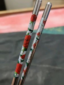 Steel Chopsticks Red Rose Print Reusable