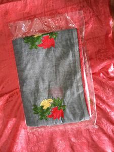 Grey With Red Floral Design ChanderiCotton Saree