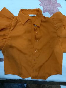Orange Ruffle Sleeve Button-Down Top
