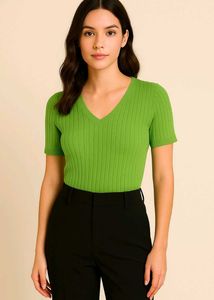 Green Ribbed V-Neck Top