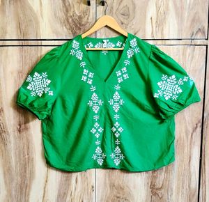 Green Embroidery Work Cotton Top Size-44