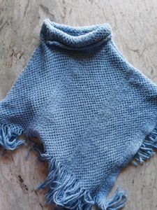 Blue Knitted Poncho with Fringe
