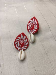 Red Paisley Earrings with Seashell Charm