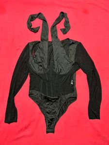 Black Cross-Halter Sheer Sleeve Bodysuit