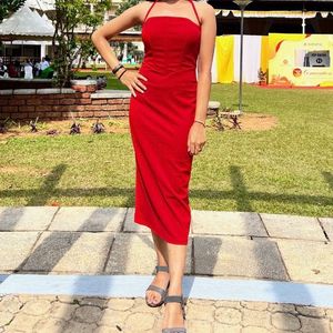 Red Strapless Midi Dress