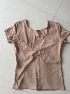 Ribbed Knit Top With Deep Neck