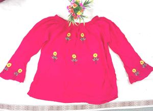 Pink Embroidered Bell Sleeve Top