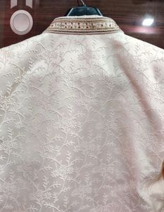 Mens White Sherwani With Red Velvet Dhoti