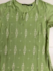 Green Printed Cotton Kurta With Pocket