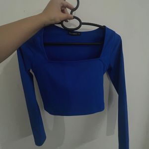 Blue Ribbed Long Sleeve Crop Top