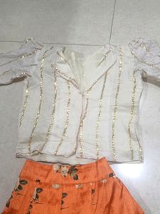 Orange Printed Skirt And Shirt White With Puffy Sl