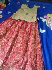 Girls Red &amp; Gold Embroidered Lehenga