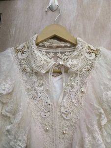 Korean Lace Detail Top With Pearls &amp; Rhinestones
