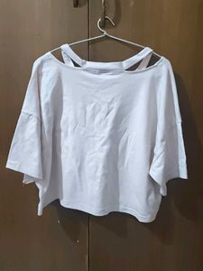 White Crop Top with Rose Patch