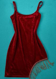 Red Velvet Mini Dress with Fringe