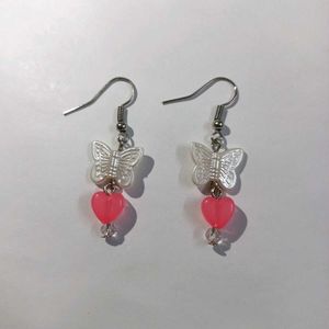 Handmade Butterfly Earrings with Pink Heart