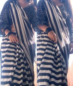 Stripted Black White Saree