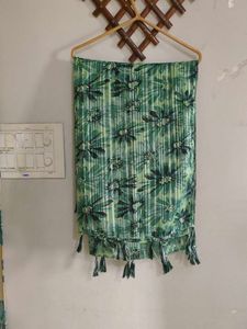 Green Floral Print Zari Striped Scarf