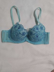 Blue Floral Embroidered Bra