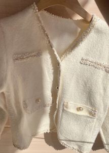 🧥 Elegant White Tweed- Pearl Button Cardigan