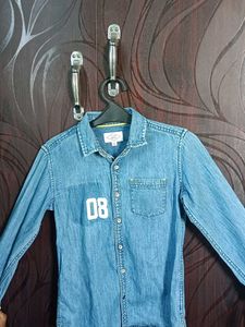 Denim Button-Up Shirt with &#39;08&#39; Graphic