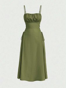 Ruched Bust Lace Up Olive Classy Dress