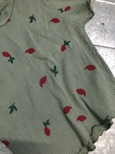 Olive Ribbed Tee with Botanical Print