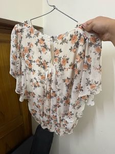 Floral Print Top with Ruffle Sleeves