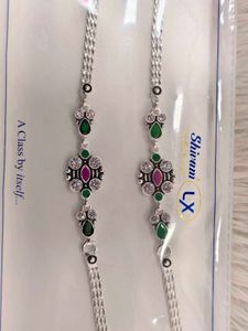 Elegant Silver Anklets with Ruby &amp; Emerald Stones