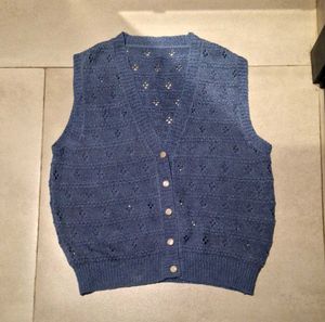 Blue Knitted Vest With Cute Buttons