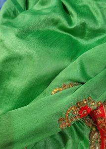 Green Saree With Red Velvet Border And Blouse
