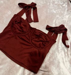 Burgundy Tie Strap Corset Top with slit skirt
