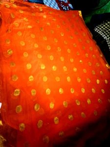 🔥Orange &amp; Gold  Dot Saree😱