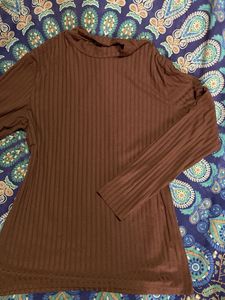 Brown Ribbed Long Sleeve Top