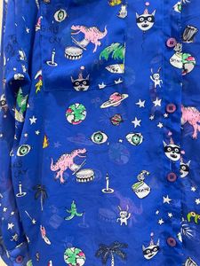 Blue Sheer Novelty Print Button Down Shirt