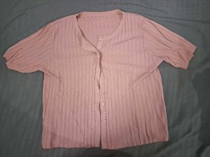 Pink Ribbed Button-Up Top