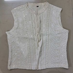 White Embroidered Sleeveless Jacket