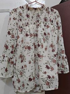 Romantic Floral Smocked High-Neck Top