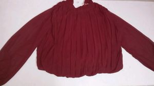 Burgundy Pleated Mock Neck Blouse Top