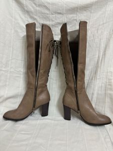 LEATHER LACE BACK BLOCK HEEL HIGH BOOTS