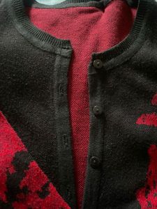 Black Button Down Sweater, Red Rose Print Detail