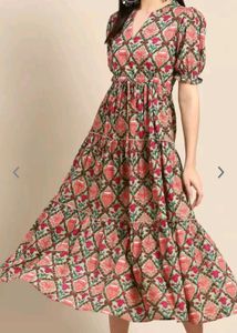Green & Pink Ethnic Motifs Printed Tiered Dress