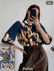 New With Tag Korean Feather Print Frill Top