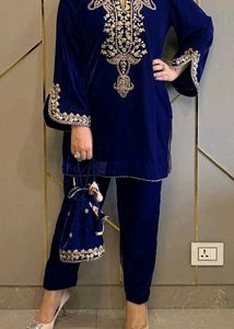 Royal Blue Velvet Kurta Set