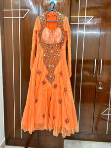 Designer Peach-Orange Gown with Embellished Bodice