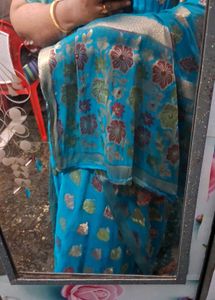 Blue Floral Design  zari work with minute stone