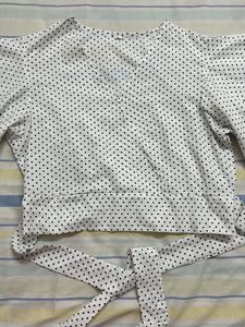 V Neck Polka Dot Front Tie Up Flared Sleeve Top