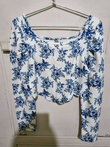 Blue And White Floral Print Long Sleeve Top