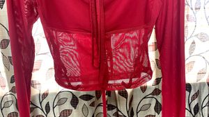 Square Neck Mesh Red Sleeve Crop Top