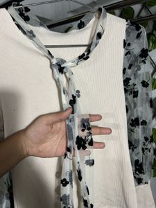 Floral Mesh Sleeve Tie Neck Top